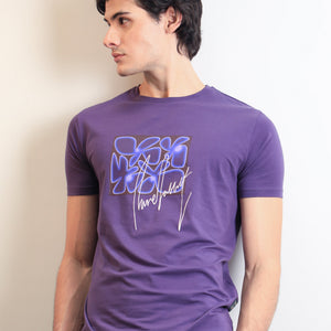 Rare Rabbit Men's Fulton Purple Crew Neck Abstract Graphic Print With Branding Half Sleeves Regular Fit T-Shirt