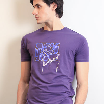 Rare Rabbit Men's Fulton Purple Crew Neck Abstract Graphic Print With Branding Half Sleeves Regular Fit T-Shirt