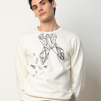 Rare Rabbit Mens Oakk Off White Full Sleeves Crew Neck Graphic Logo Print Sweatshirt