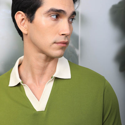 Rare Rabbit Men's Carmelo Olive Cotton Fabric Johnny Collar Contrasting Sleeves And Collar Half Sleeve Polo T-Shirt