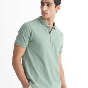 Rare Rabbit Men's Saliso Light Green Cotton Fabric Collared Neck Zipper and Snap Button Closure Half Sleeve Polo T-Shirt
