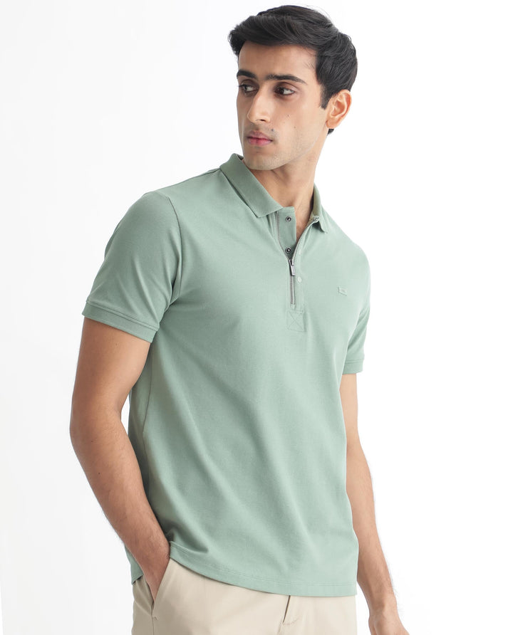 Rare Rabbit Men's Saliso Light Green Cotton Fabric Collared Neck Zipper and Snap Button Closure Half Sleeve Polo T-Shirt