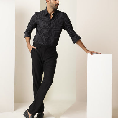 Rare Rabbit Men's Malfor Black Viscose Fabric Graphic Print Full Sleeves Shirt