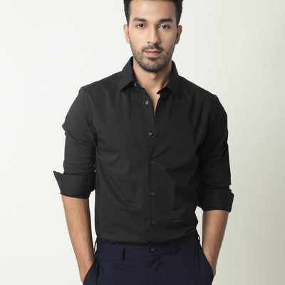 RARE RABBIT MEN'S NEUTRO LS BLACK SHIRT COTTON POLYESTER FABRIC COLLARED NECK FULL SLEEVES BUTTON CLOSURE SLIM FIT