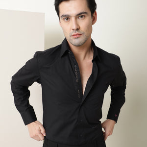 Rare Rabbit Men's I Love U Black Cotton Fabric Embroidered Full Sleeves Shirt