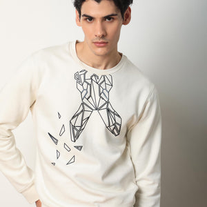 Rare Rabbit Mens Oakk Off White Full Sleeves Crew Neck Graphic Logo Print Sweatshirt