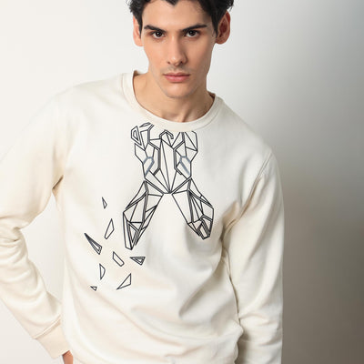 Rare Rabbit Mens Oakk Off White Full Sleeves Crew Neck Graphic Logo Print Sweatshirt