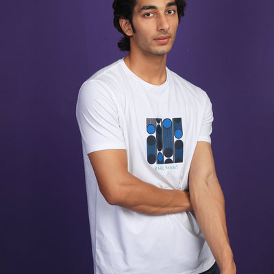 Rare Rabbit Men's Forest White Crew Neck Placement Graphic Print Slim Fit T-Shirt