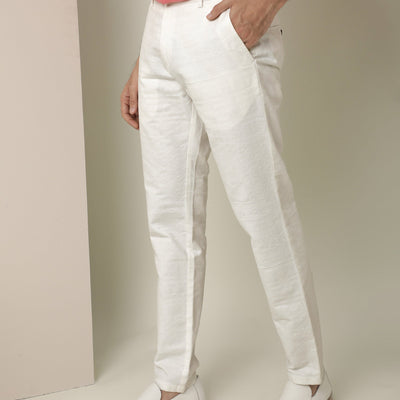 Rare Rabbit Men's Jeck White Mid-Rise Regular Fit Premium Jacquard Trouser
