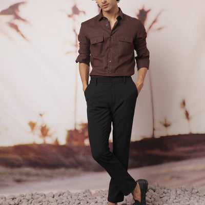 Rare Rabbit Men's Safa Brown Cotton Lyocell Fabric Full Sleeves Solid Shirt