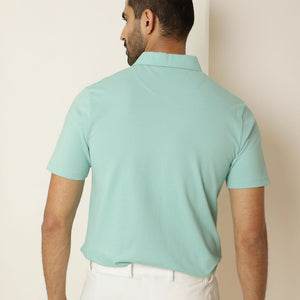 Rare Rabbit Men's Stel Pastel Green Cotton Fabric Collared Neck Zipper Closure Half Sleeves Flat Knit Polo T-Shirt