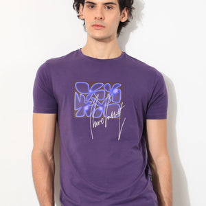 Rare Rabbit Men's Fulton Purple Crew Neck Abstract Graphic Print With Branding Half Sleeves Regular Fit T-Shirt