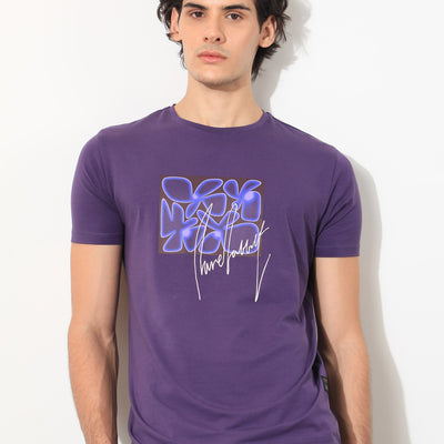 Rare Rabbit Men's Fulton Purple Crew Neck Abstract Graphic Print With Branding Half Sleeves Regular Fit T-Shirt