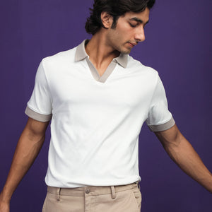 Rare Rabbit Men's Carmelo Off-White Cotton Fabric Johnny Collar Contrasting Sleeves And Collar Half Sleeve Polo T-Shirt
