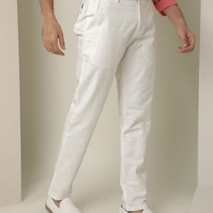 Rare Rabbit Men's Jeck White Mid-Rise Regular Fit Premium Jacquard Trouser