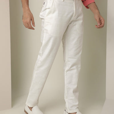 Rare Rabbit Men's Jeck White Mid-Rise Regular Fit Premium Jacquard Trouser