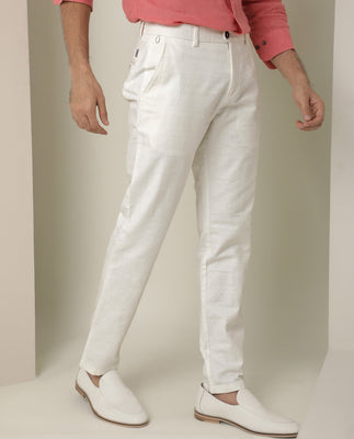 Rare Rabbit Men's Jeck White Mid-Rise Regular Fit Premium Jacquard Trouser