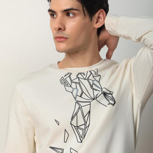 Rare Rabbit Mens Oakk Off White Full Sleeves Crew Neck Graphic Logo Print Sweatshirt