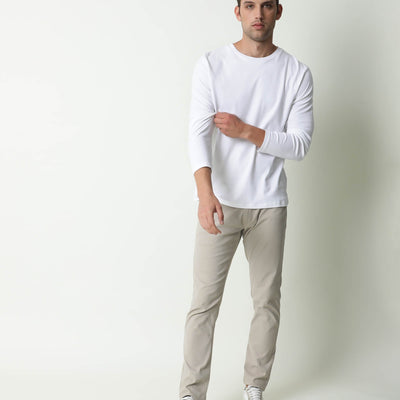 Rare Rabbit Full Primary White Solid Crew Neck Full Sleeve Slim Fit T-Shirt
