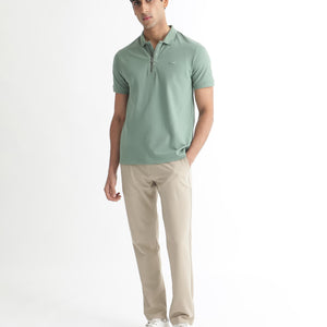 Rare Rabbit Men's Saliso Light Green Cotton Fabric Collared Neck Zipper and Snap Button Closure Half Sleeve Polo T-Shirt