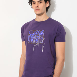 Rare Rabbit Men's Fulton Purple Crew Neck Abstract Graphic Print With Branding Half Sleeves Regular Fit T-Shirt