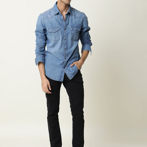 Rare Rabbit Men's Taison Light Blue Full Sleeves Denim Shirt