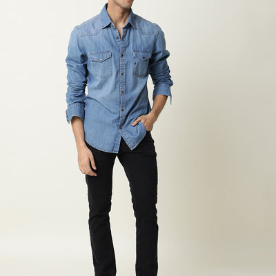 Rare Rabbit Men's Taison Light Blue Full Sleeves Denim Shirt