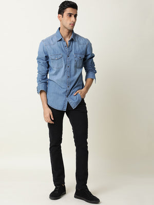 Rare Rabbit Men's Taison Light Blue Full Sleeves Denim Shirt