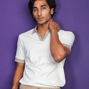 Rare Rabbit Men's Carmelo Off-White Cotton Fabric Johnny Collar Contrasting Sleeves And Collar Half Sleeve Polo T-Shirt