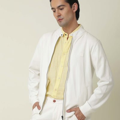 Rare Rabbit Men's Morris Off-White Plain Cotton Knit Jacket