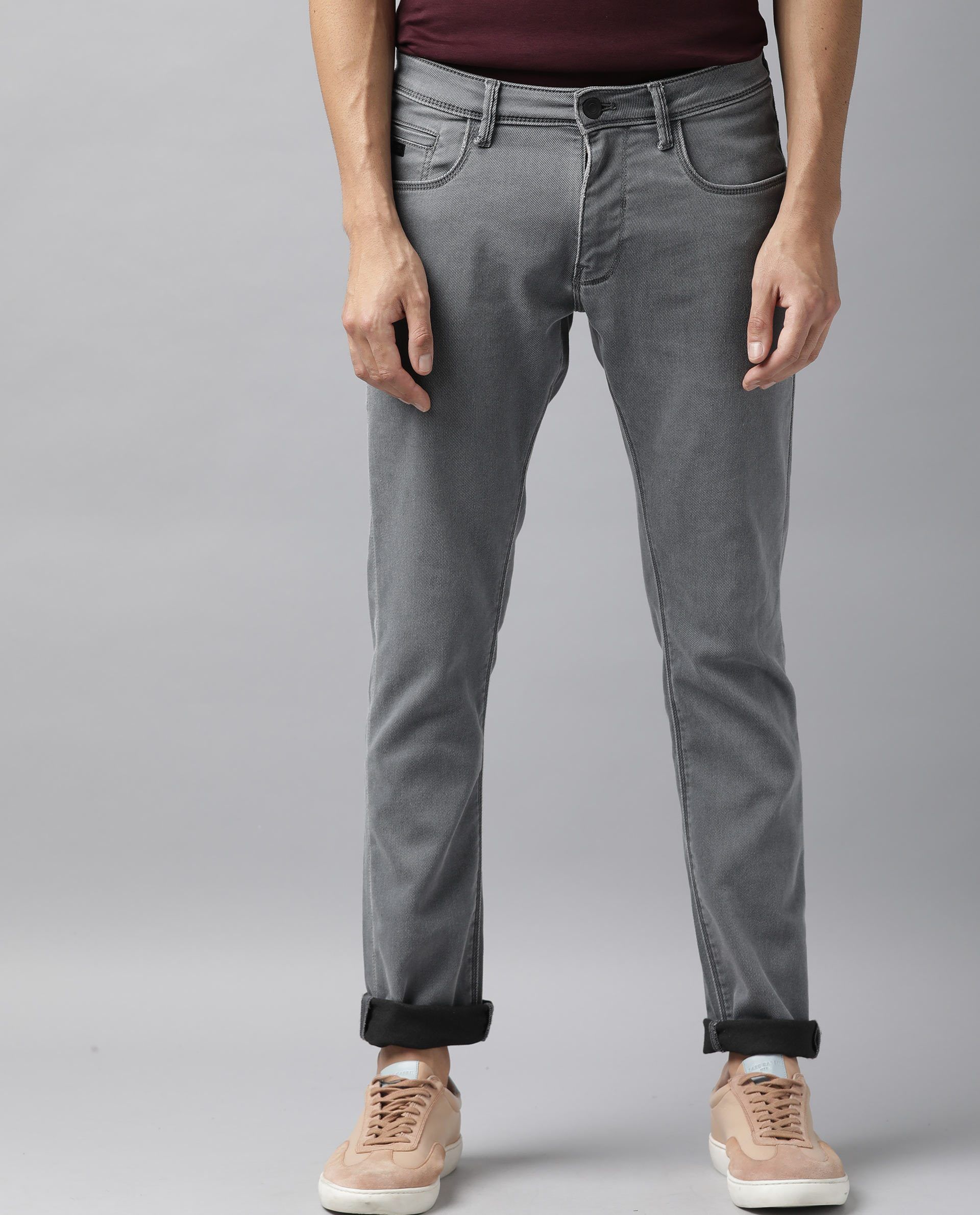 Rare Rabbit Men's Quad Light Grey Mid-Rise Garment Dyed Regular Fit Jeans