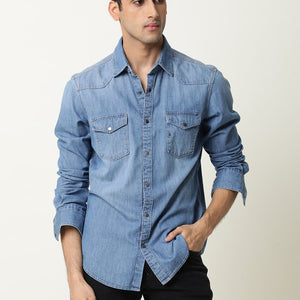 Rare Rabbit Men's Taison Light Blue Full Sleeves Denim Shirt
