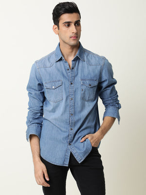 Rare Rabbit Men's Taison Light Blue Full Sleeves Denim Shirt