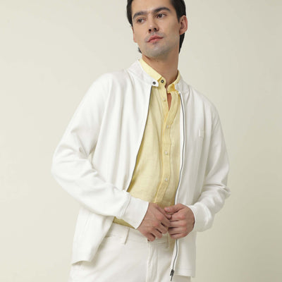 Rare Rabbit Men's Morris Off-White Plain Cotton Knit Jacket