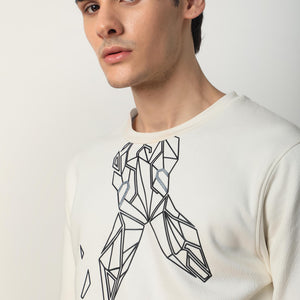 Rare Rabbit Mens Oakk Off White Full Sleeves Crew Neck Graphic Logo Print Sweatshirt