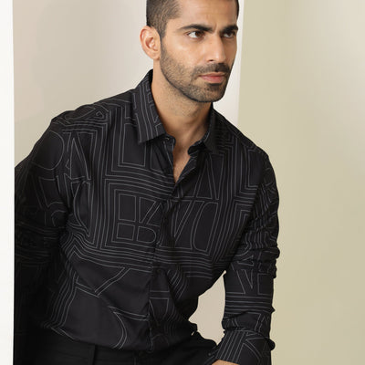 Rare Rabbit Men's Malfor Black Viscose Fabric Graphic Print Full Sleeves Shirt