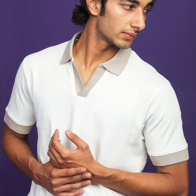 Rare Rabbit Men's Carmelo Off-White Cotton Fabric Johnny Collar Contrasting Sleeves And Collar Half Sleeve Polo T-Shirt