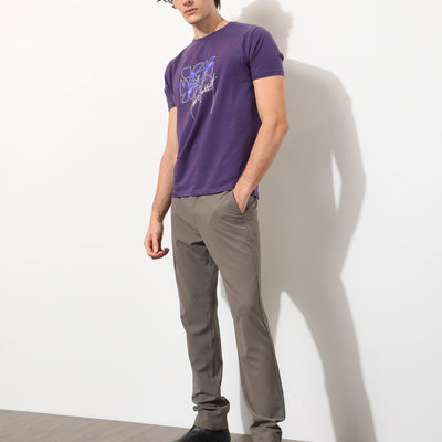 Rare Rabbit Men's Fulton Purple Crew Neck Abstract Graphic Print With Branding Half Sleeves Regular Fit T-Shirt
