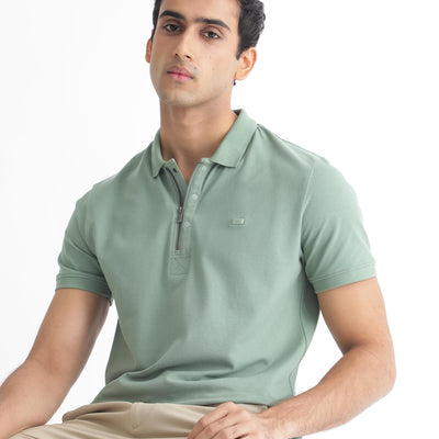 Rare Rabbit Men's Saliso Light Green Cotton Fabric Collared Neck Zipper and Snap Button Closure Half Sleeve Polo T-Shirt