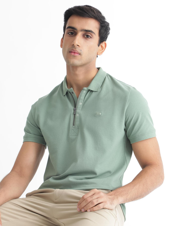 Rare Rabbit Men's Saliso Light Green Cotton Fabric Collared Neck Zipper and Snap Button Closure Half Sleeve Polo T-Shirt