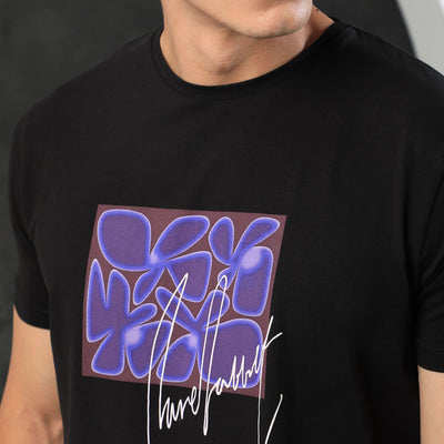 Rare Rabbit Men's Fulton Black Crew Neck Abstract Graphic Print With Branding Half Sleeves Regular Fit T-Shirt