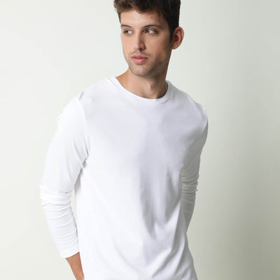 Rare Rabbit Full Primary White Solid Crew Neck Full Sleeve Slim Fit T-Shirt