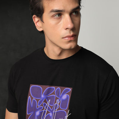 Rare Rabbit Men's Fulton Black Crew Neck Abstract Graphic Print With Branding Half Sleeves Regular Fit T-Shirt