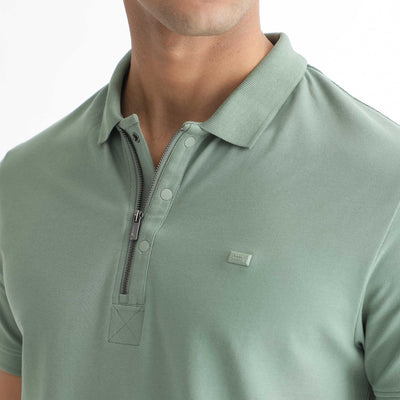 Rare Rabbit Men's Saliso Light Green Cotton Fabric Collared Neck Zipper and Snap Button Closure Half Sleeve Polo T-Shirt