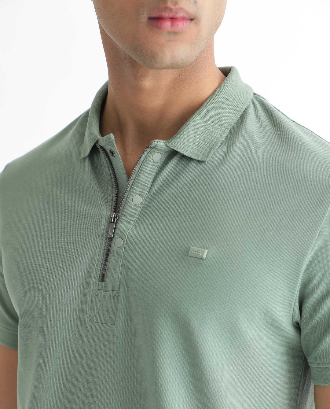 Rare Rabbit Men's Saliso Light Green Cotton Fabric Collared Neck Zipper and Snap Button Closure Half Sleeve Polo T-Shirt