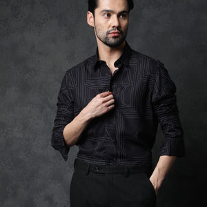 Rare Rabbit Men's Malfor Black Viscose Fabric Graphic Print Full Sleeves Shirt