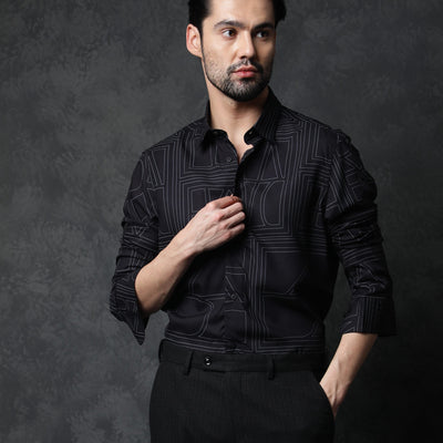 Rare Rabbit Men's Malfor Black Viscose Fabric Graphic Print Full Sleeves Shirt