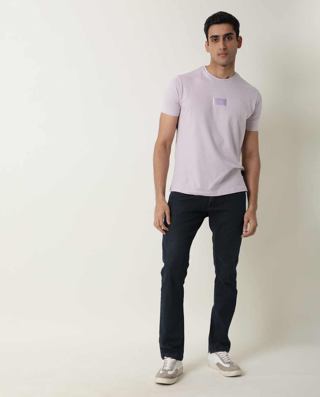 Rare Rabbit Nex Pastel Purple Crew Neck Foil HD Print Half Sleeves Slim Fit T-Shirt