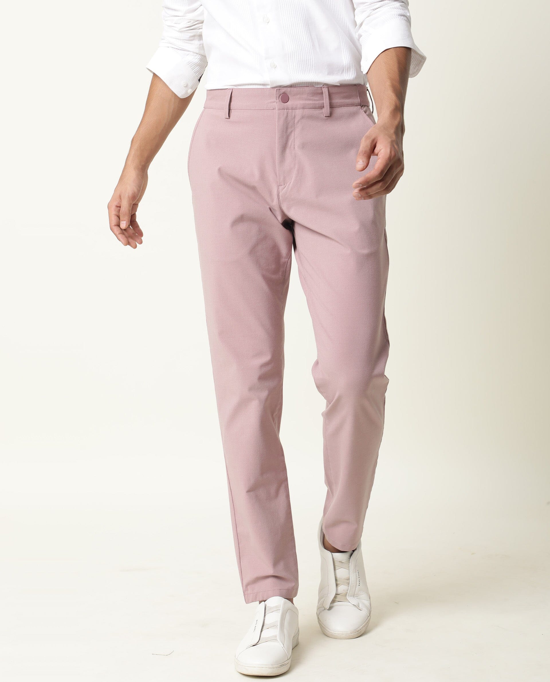 Rare Rabbit Men's Driver Pink Polyester Viscose Fabric Button & Zip Closure Slim Fit Trouser