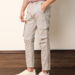 Rare Rabbit Men's Celu Grey Solid Mid-Rise Cargo Style Slim-Fit Trouser